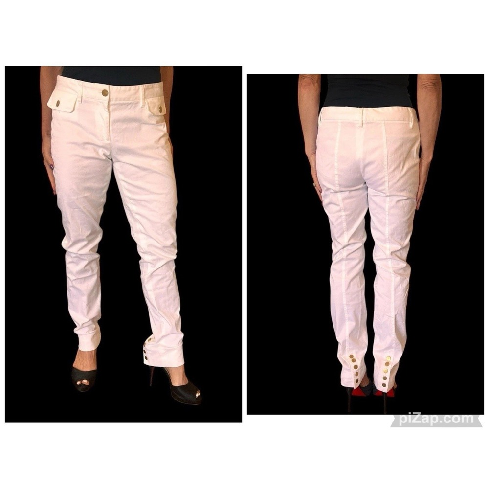 D&G DOLCE & GABBANA VINTAGE WHITE COTTON DENIM PANTS JEANS GOLD BUTTON CUFF 6-8